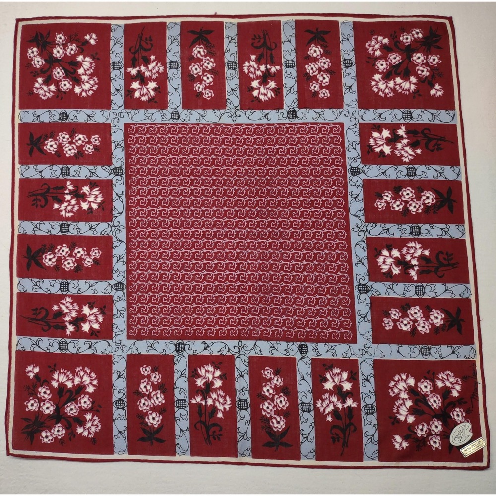 Vtg Designer Hankie Mary Lewis hand painted/rolled 15x15.5 deep red/gray/white